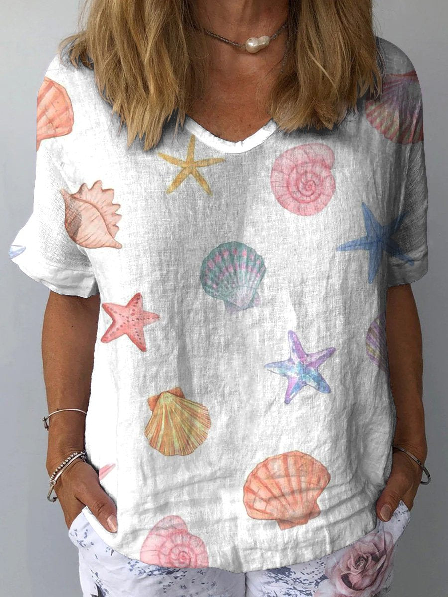 Summer Vibe Sea Shell Repeat Pattern Printed Women's Casual Cotton And Linen Shirt