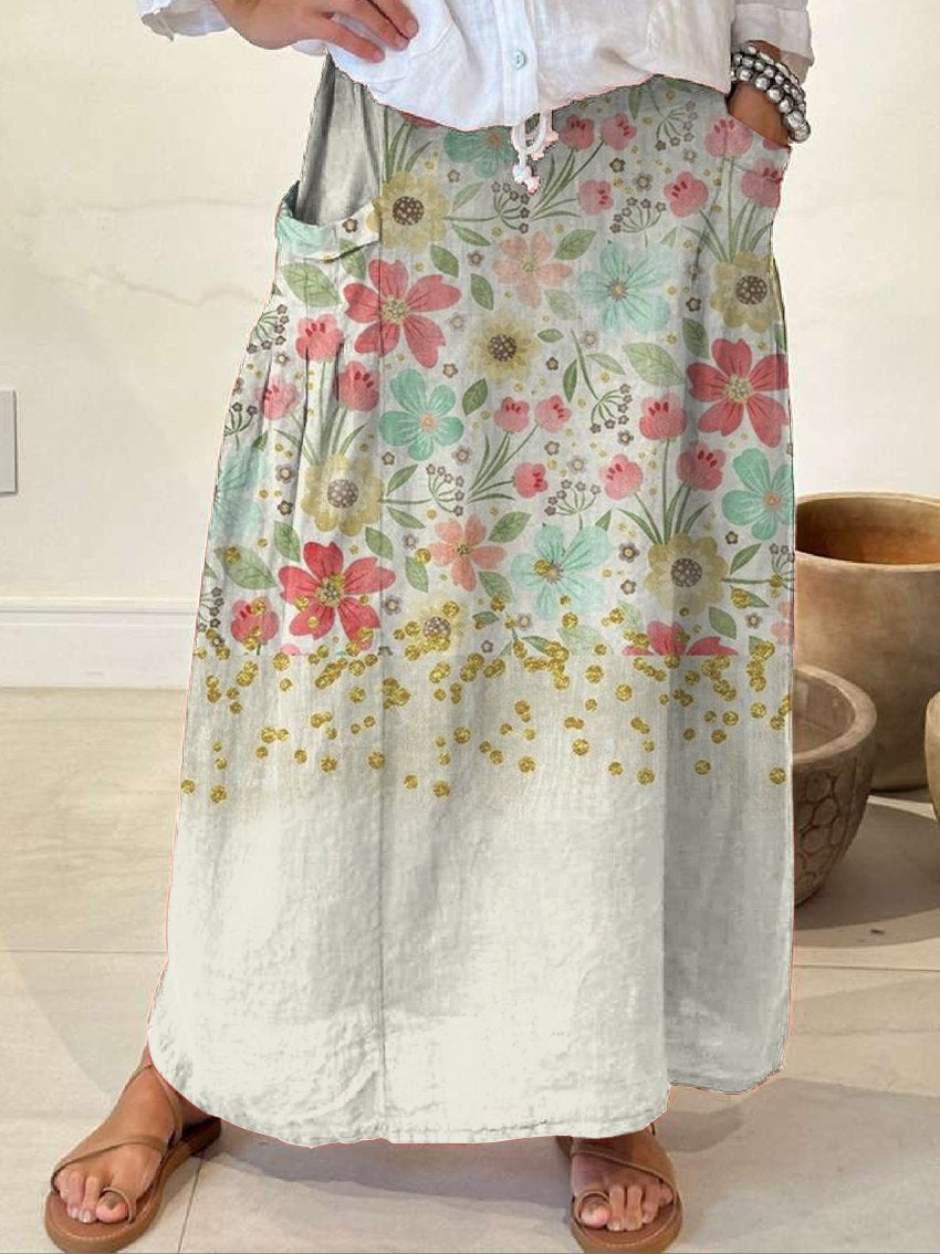 Women's Flowers Gradient Background Casual Print Linen Elastic waistband Pocket Skirt