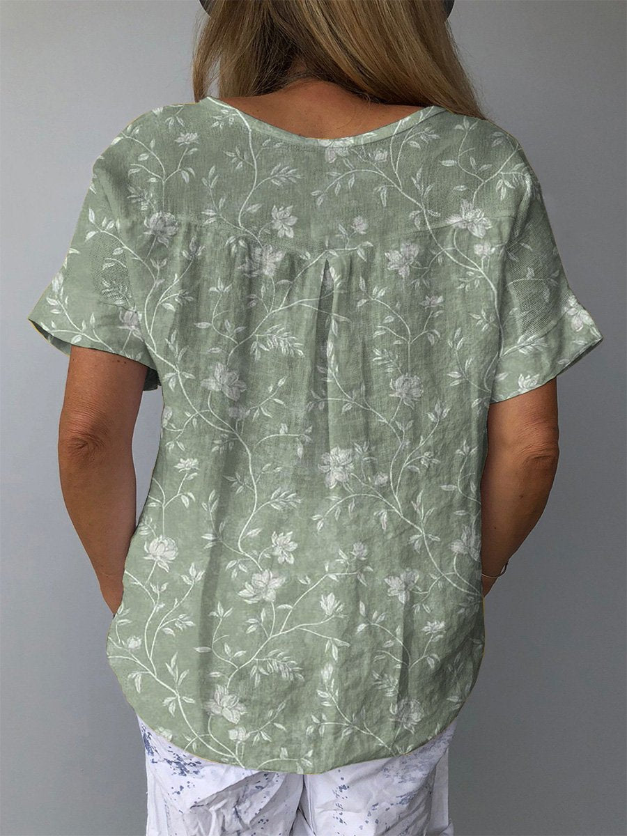 Vintage Style Green Floral Repeat Pattern Printed Women's Casual Cotton And Linen Shirt