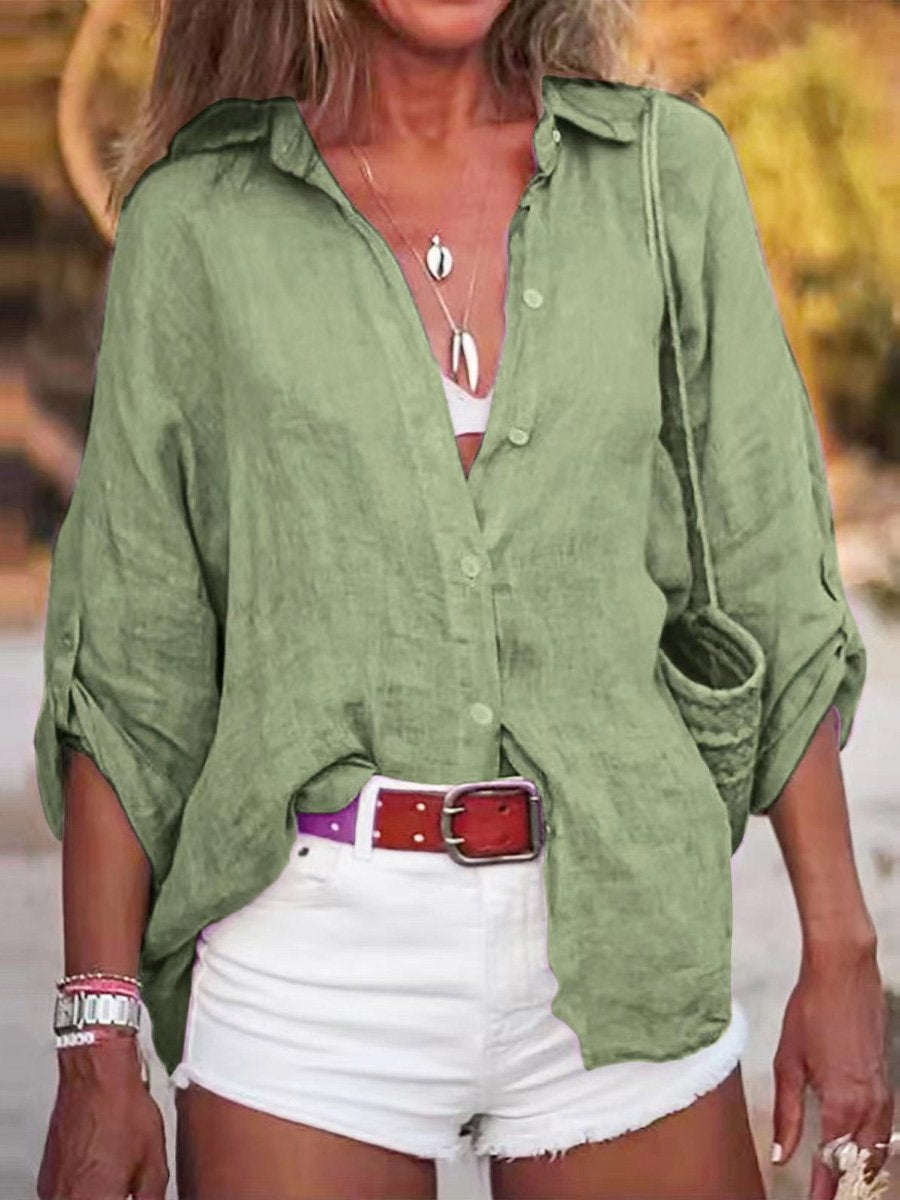 Women's Solid Color Cotton And Linen Loose Fit Shirt