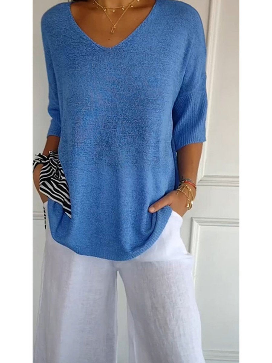 Women's Solid Color Knitted 3/4 Sleeve V-neck Top