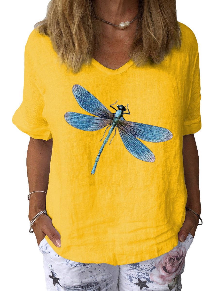 Women's Dragonfly Art Print Cotton & Linen  Casual Top