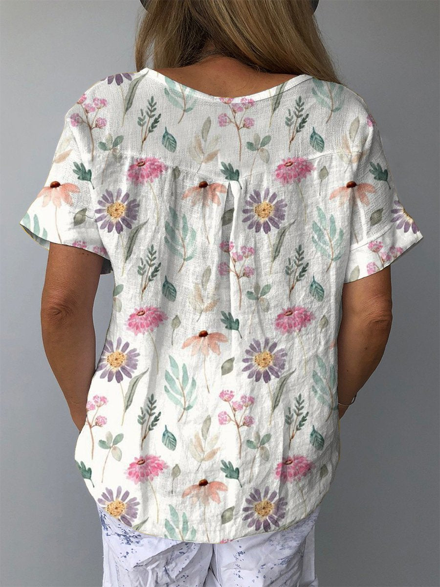 Women's Vintage Floral Art Print Casual Cotton And Linen Shirt