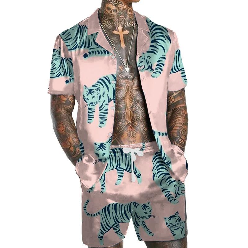 Men's Animal Print Short Sleeves Shirt And Shorts Set 84936971