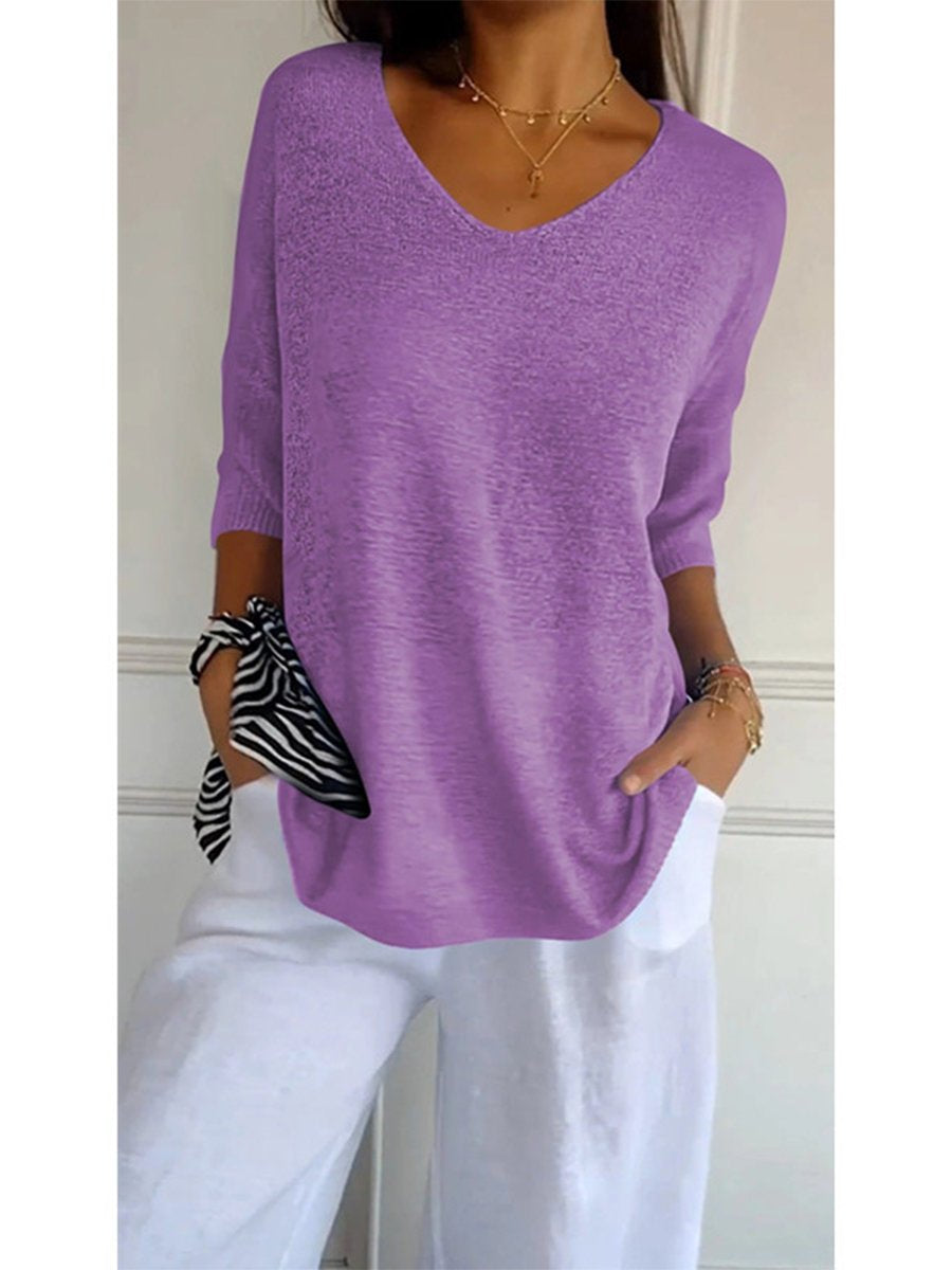 Women's Solid Color Knitted 3/4 Sleeve V-neck Top