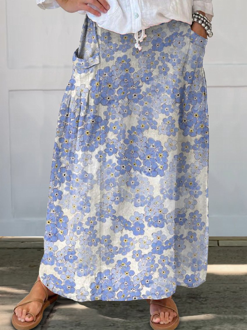 Small Floral Print In Blue Women's Linen Pocket Skirt