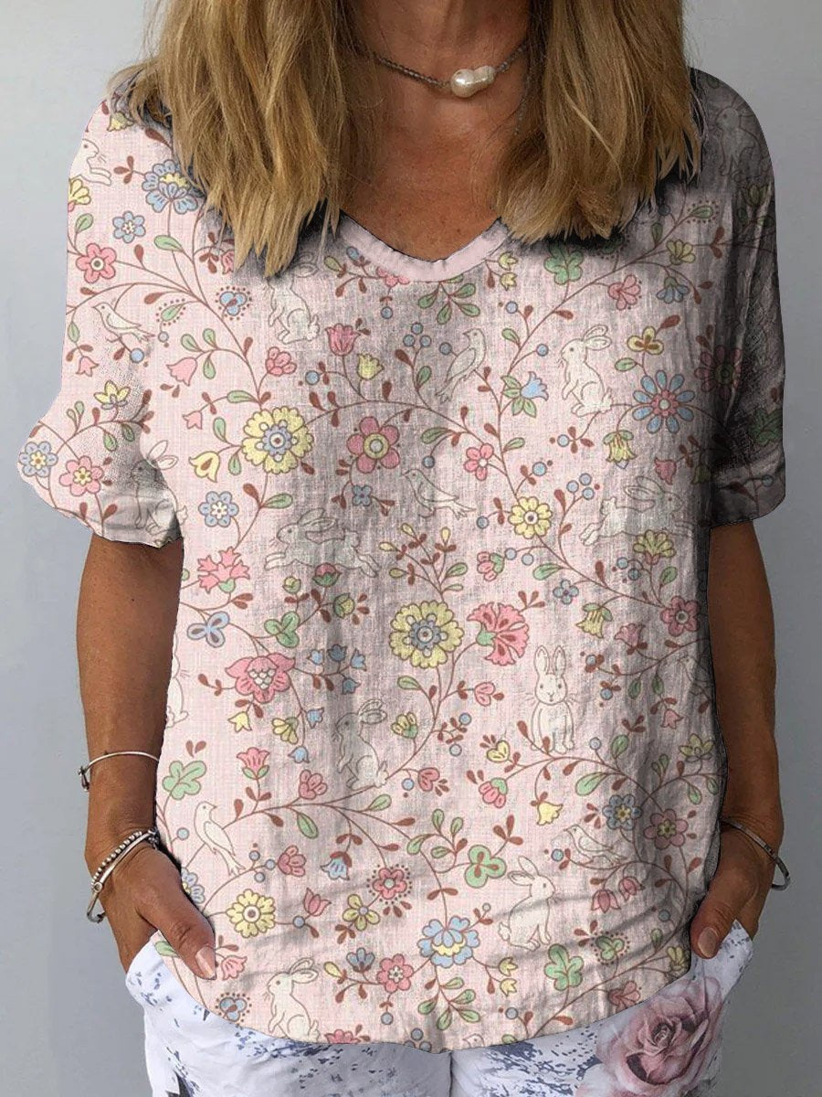 Women's Lovely Floral Rabbits Art Print Casual Cotton And Linen Shirt