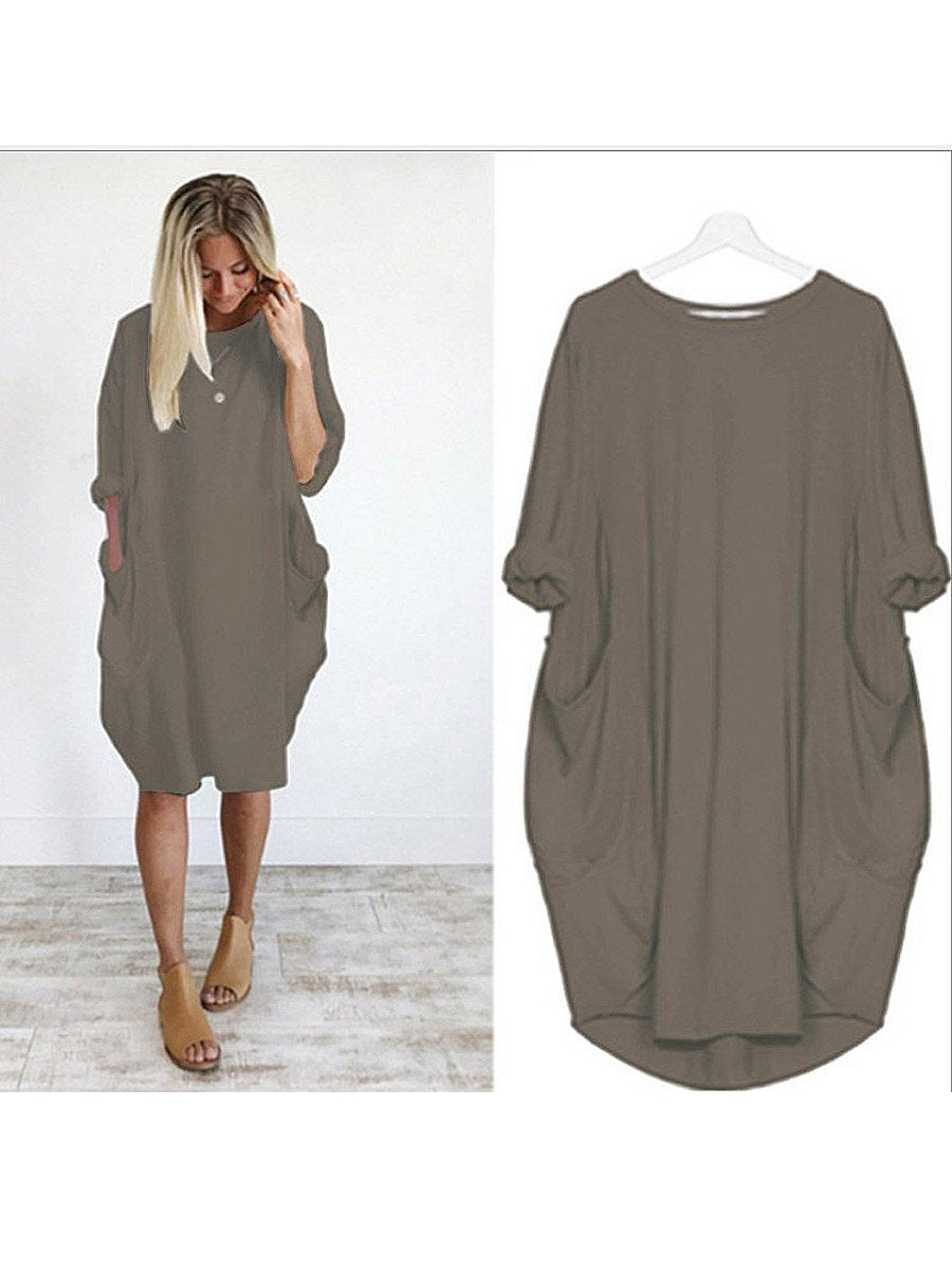 Women's Solid Color Loose Elegant Casual Long-sleeved Pocket Dress