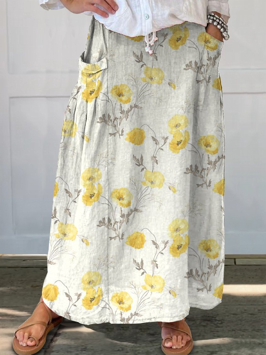 Yellow Flower Print Women's Linen Elastic waistband Pocket Skirt