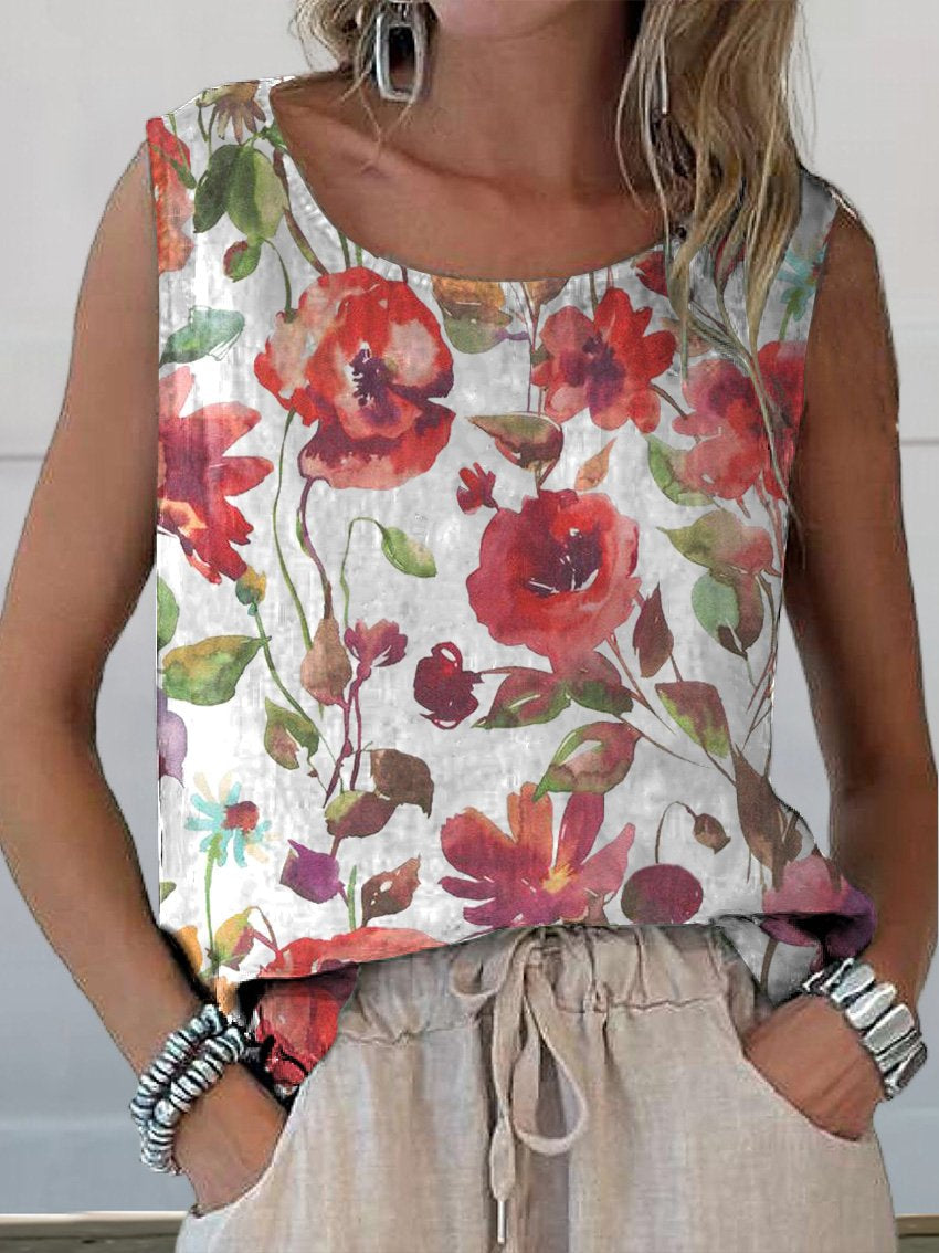 Watercolor Poppy Floral Art Printed Women's Casual  Cotton And Linen Tank Top