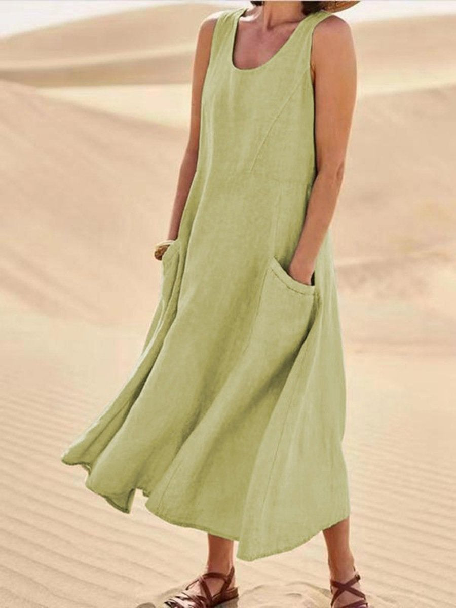 Women Sleeveless Sundress Elegant Round Neck Cotton Linen-like Solid Long Tank Casual Summer Dress