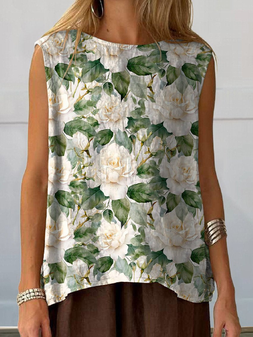 White Roses Seamless Pattern Printed Women's Casual  Cotton And Linen Tank Top