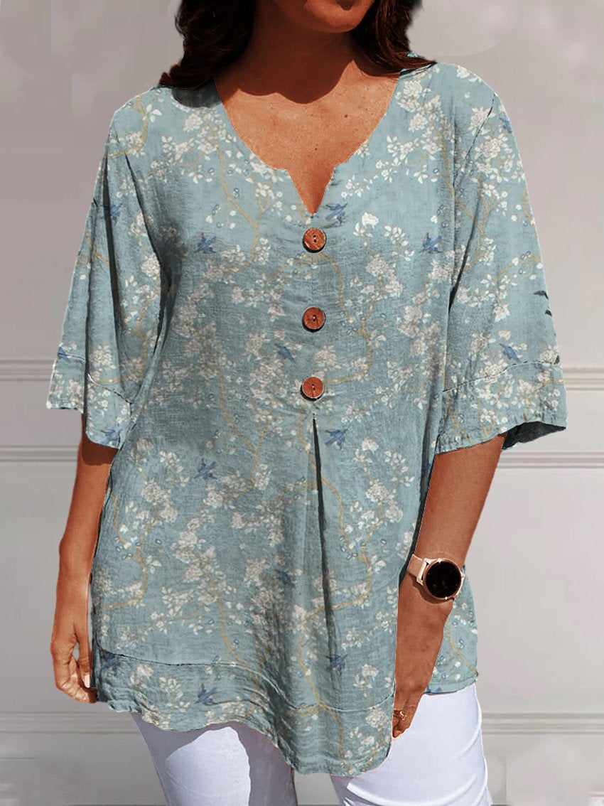 Women's Brighton Blue Print Casual Linen V-neck Shirt