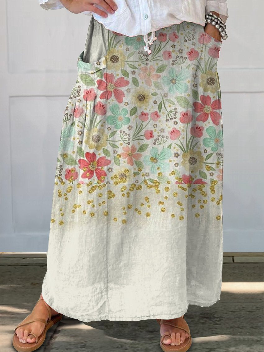 Women's Flowers Gradient Background Casual Print Linen Elastic waistband Pocket Skirt