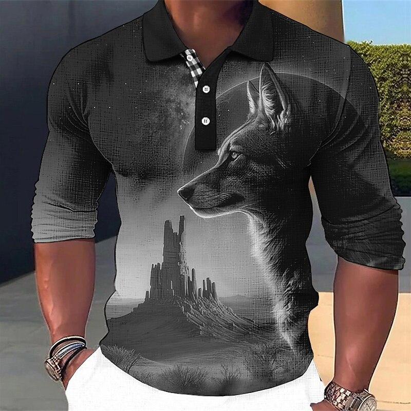 Men's Fashion Wolf 3d Printed Long Sleeve Polo Shirt 65969642YY