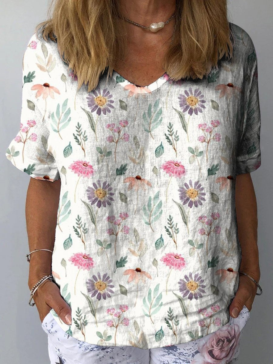 Women's Vintage Floral Art Print Casual Cotton And Linen Shirt