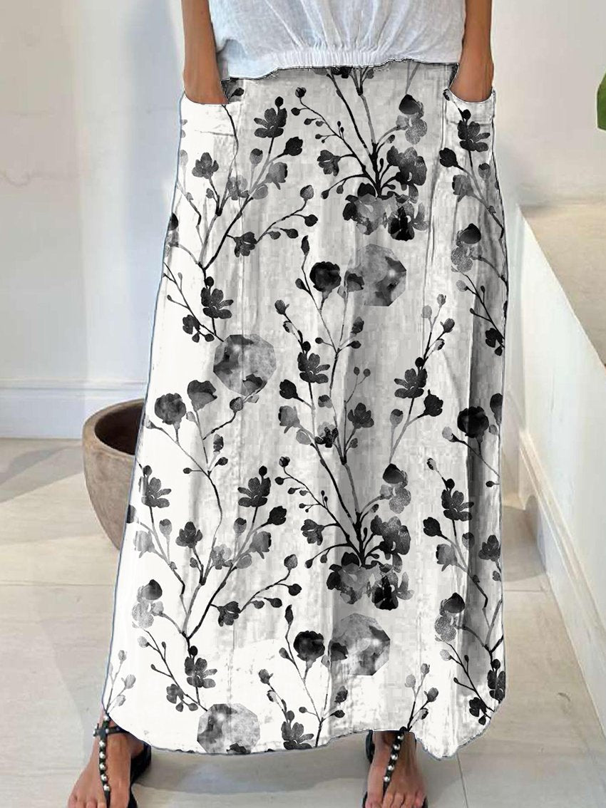 Women's Floral Flowers Casual Print Linen Pocket Skirt