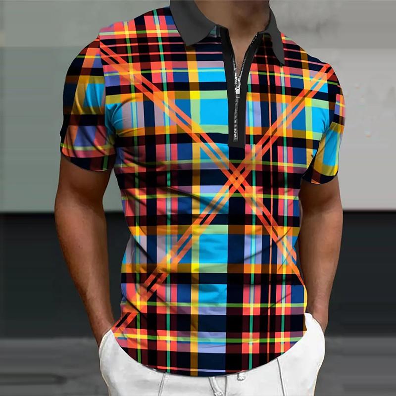 Men's Retro Geometric Printed Zipper Polo Shirt 07621588YY