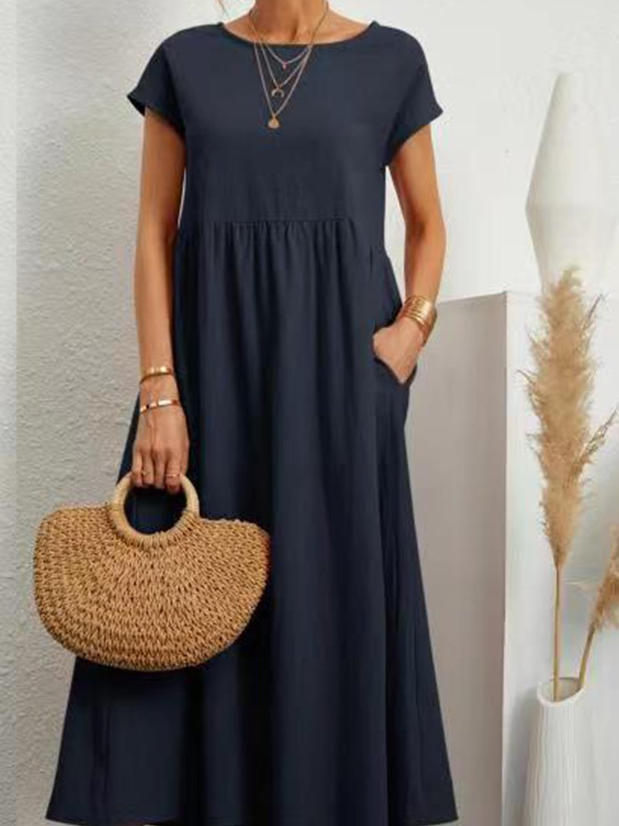 Women's Solid Color Cotton Linen Round Neck A-Line Dress