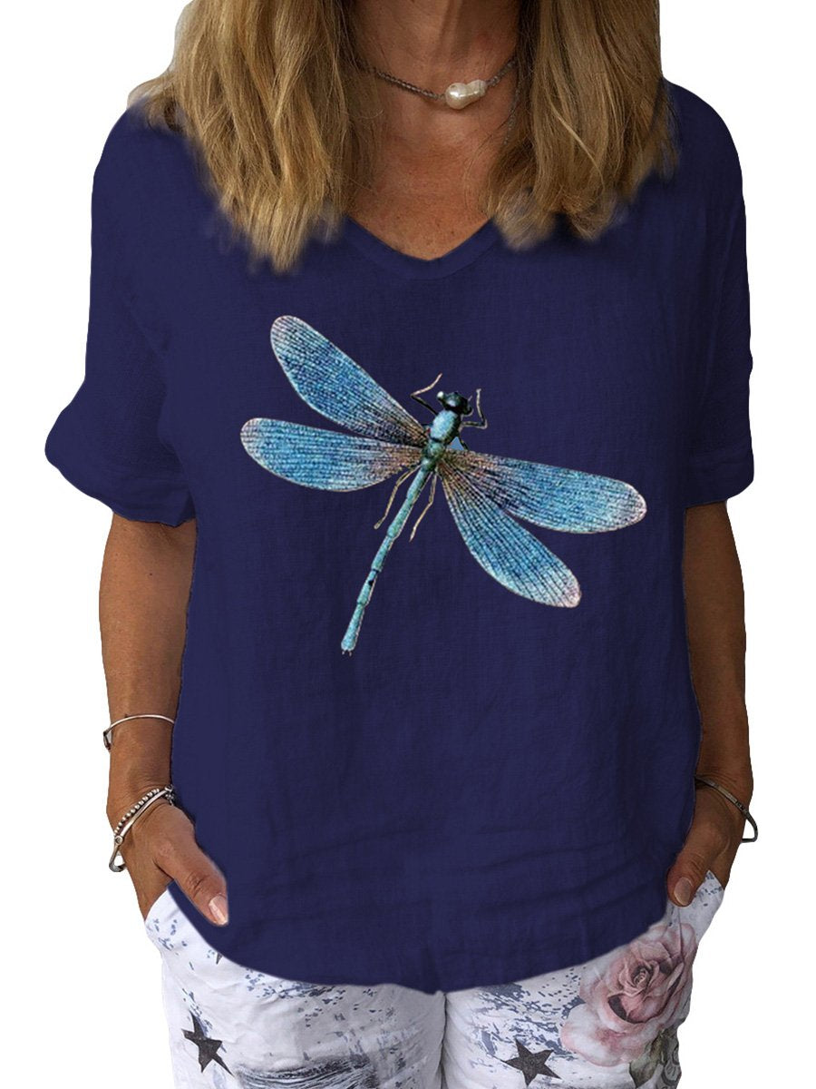 Women's Dragonfly Art Print Cotton & Linen  Casual Top