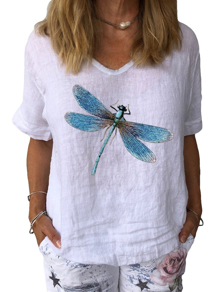 Women's Dragonfly Art Print Cotton & Linen  Casual Top