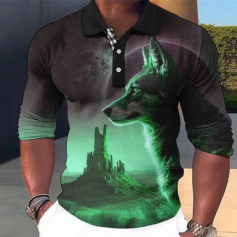 Men's Fashion Wolf 3d Printed Long Sleeve Polo Shirt 65969642YY