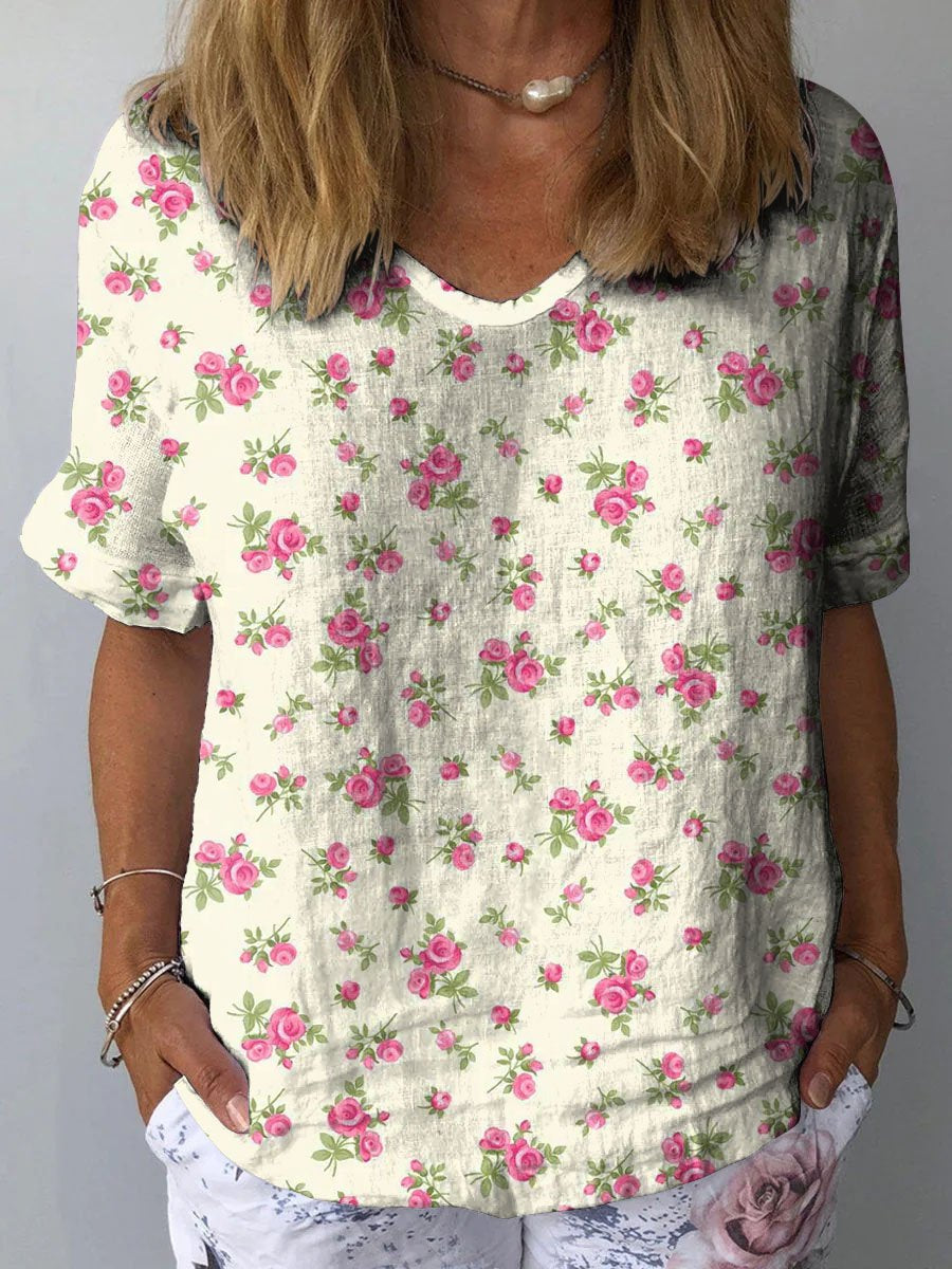 Women's Vintage Elegant Floral Art Print Casual Cotton And Linen Shirt