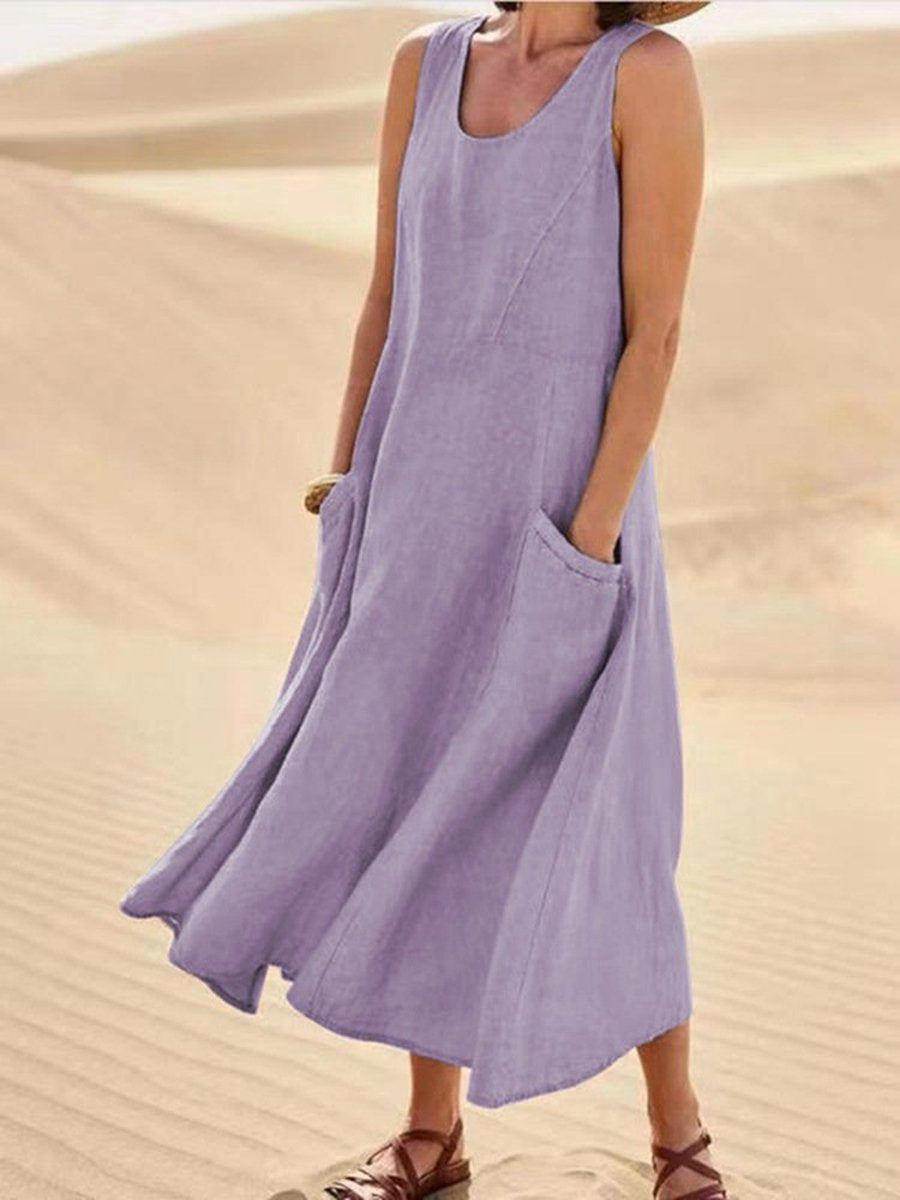 Women Sleeveless Sundress Elegant Round Neck Cotton Linen-like Solid Long Tank Casual Summer Dress