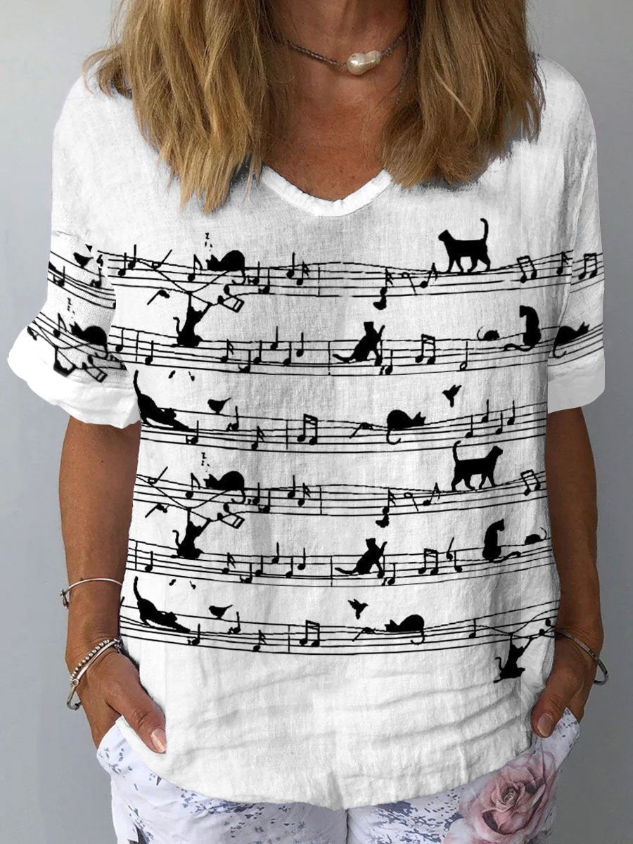 Women's Cat Art Print Casual Cotton And Linen Shirt