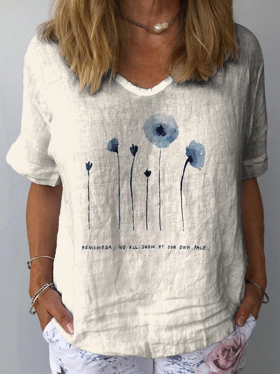 "Remember, We All Grow At Our Own Pace" Watercolor Floral And Graphic Printed Women's Casual Cotton And Linen Shirt