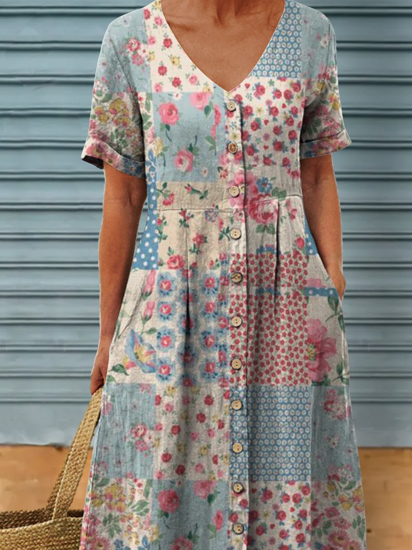 Women's Vintage Floral Splicing Art Pattern Print Linen Pocket Tunic Dress