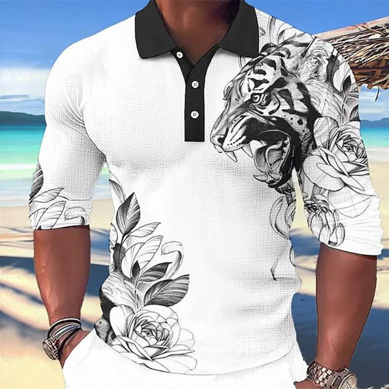 Men's Tiger 3d Printed Long Sleeve Polo Shirt 72701997YY