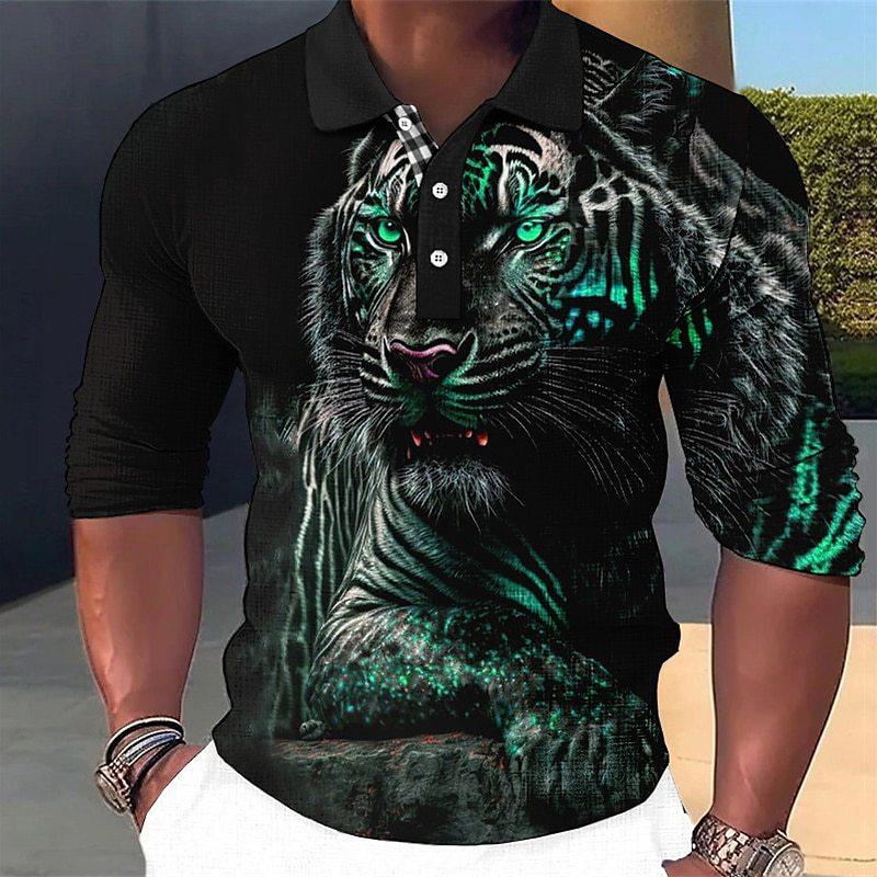 Men's Fashion Tiger 3d Printed Long Sleeve Polo Shirt 77579643YY