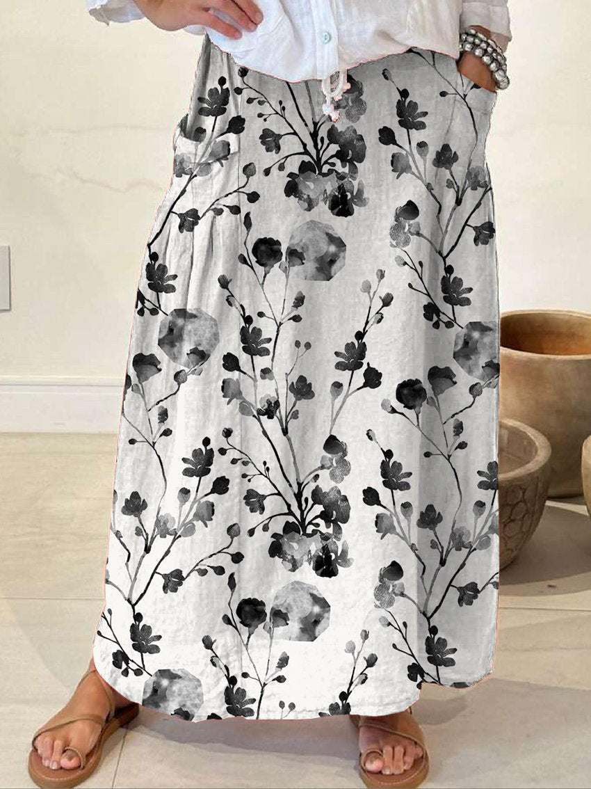 Women's Floral Flowers Casual Print Linen Pocket Skirt