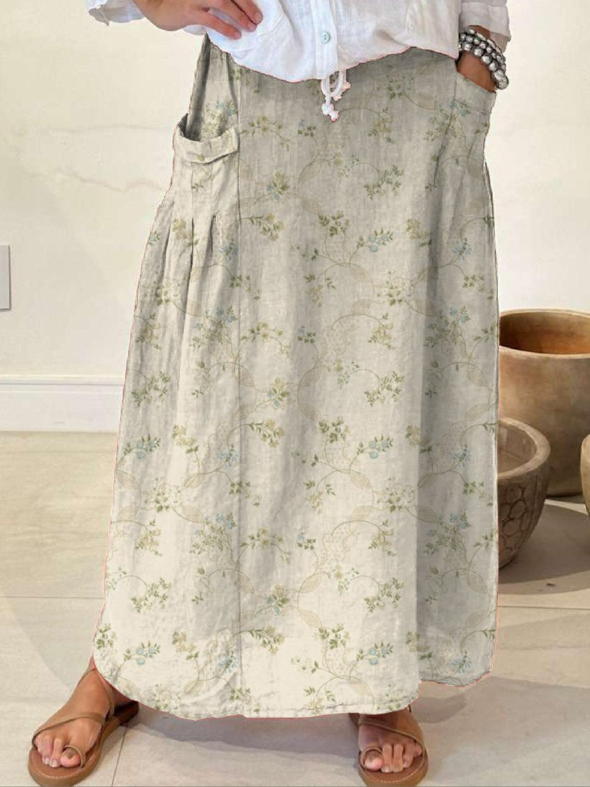 Women's Vintage Floral Art Print Linen Pocket Skirt