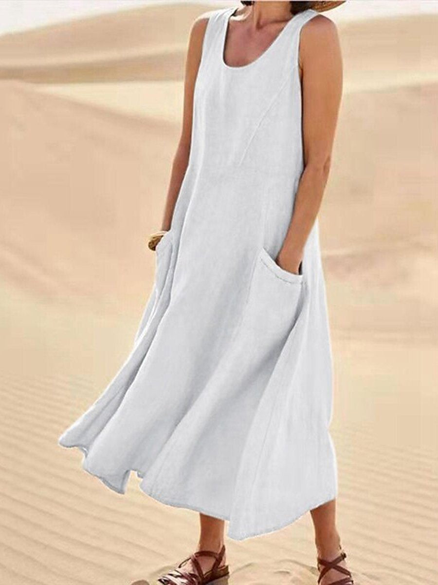 Women Sleeveless Sundress Elegant Round Neck Cotton Linen-like Solid Long Tank Casual Summer Dress