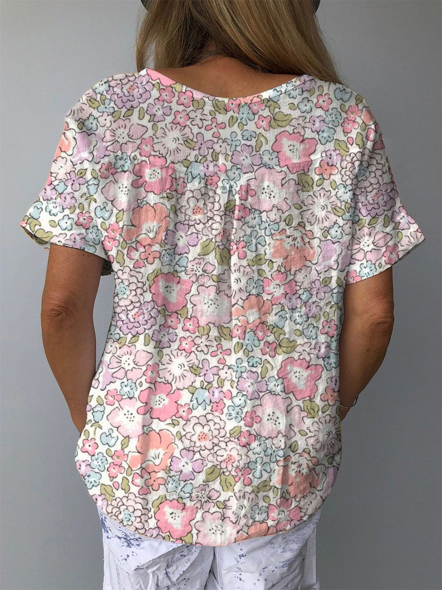 Women's Lovely Cute Floral Art Print Casual Cotton And Linen Shirt