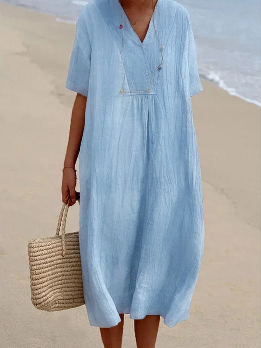 Women's Solid Color Cotton And Linen Short Sleeve Dress