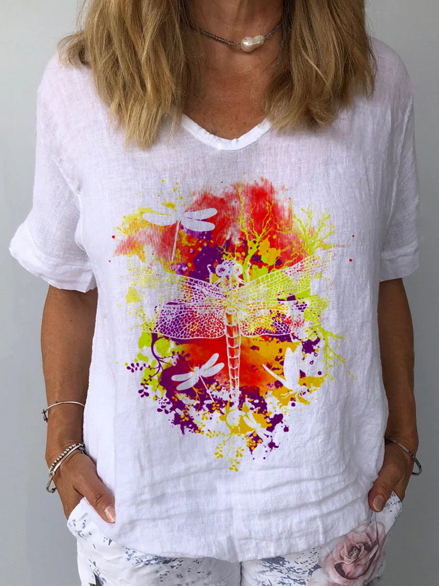 Women's Dragonfly  Art Print Casual Cotton And Linen Shirt