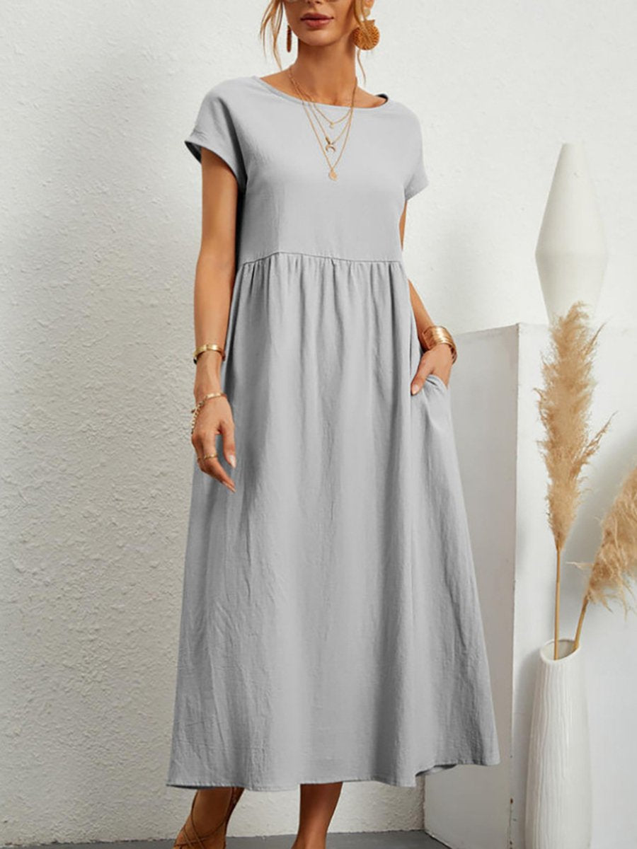 Women's Solid Color Cotton Linen Round Neck A-Line Dress