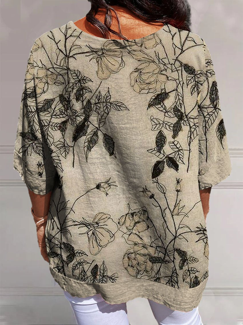 Women's Elegant Retro Floral Art Print Casual Cotton And Linen V-neck Shirt