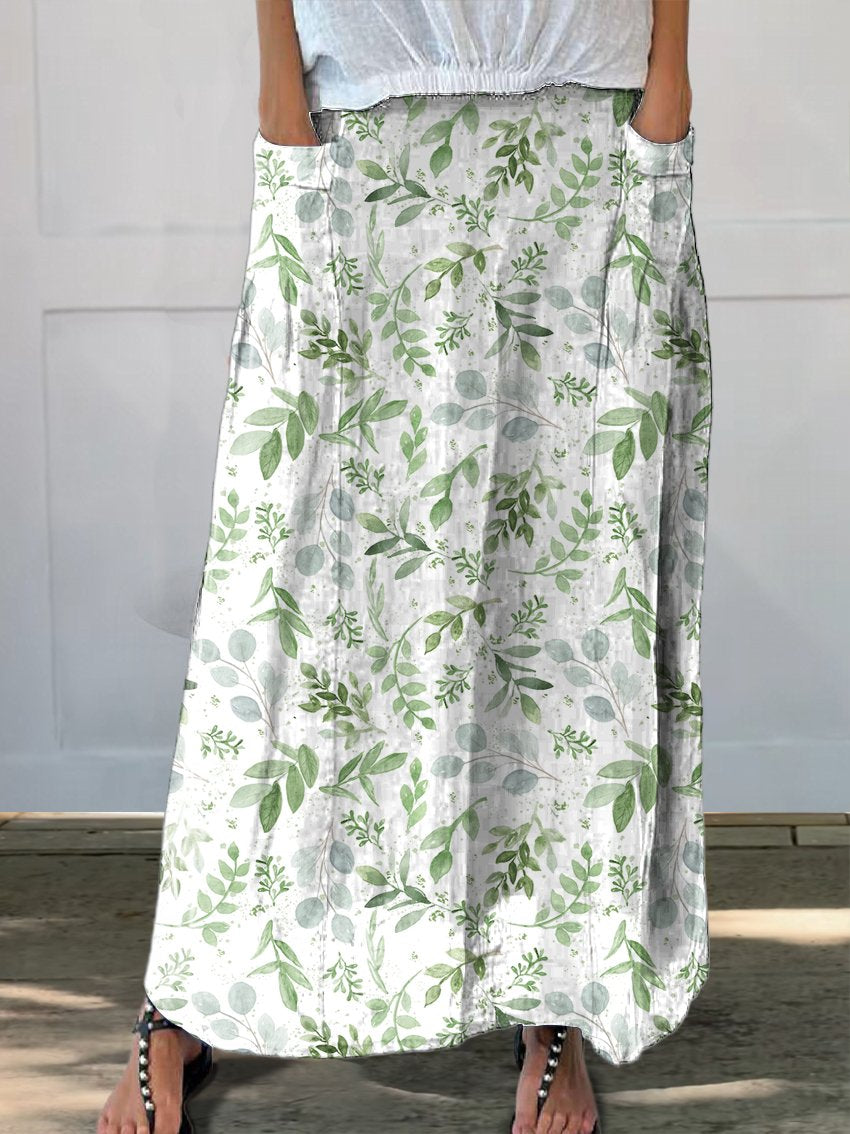 Women's Greens Fern Eucalyptus Greenery Leaf Linen Pocket Skirt