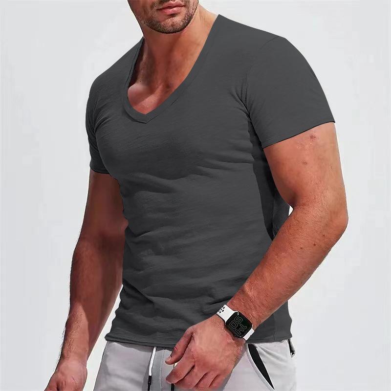 Men's V-neck Short-sleeved T-shirt Solid Color Casual Top 12570917L