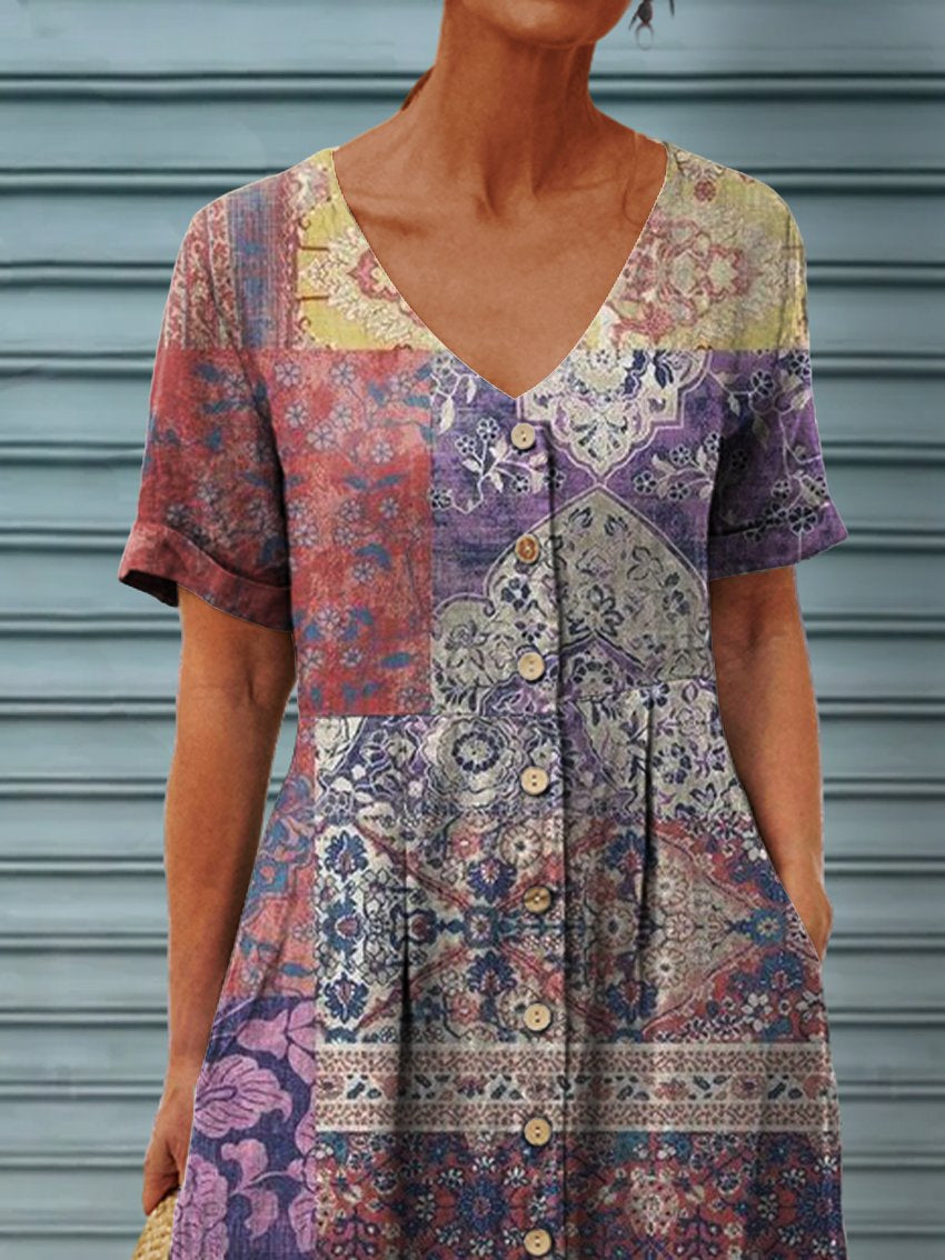 Women's Vintage Splicing Pattern Linen Pocket Tunic Dress