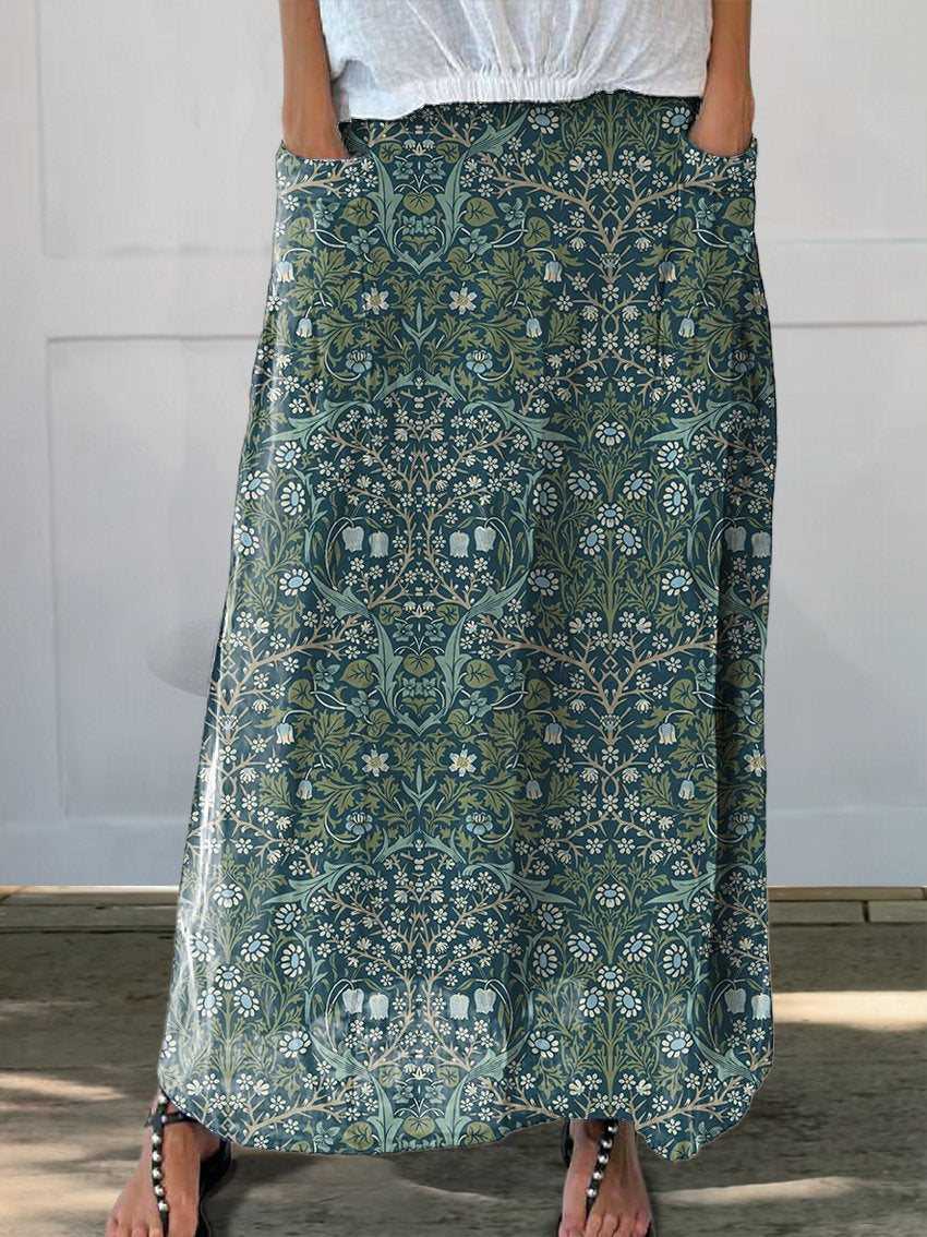 Women's Green Floral Linen Pocket Skirt