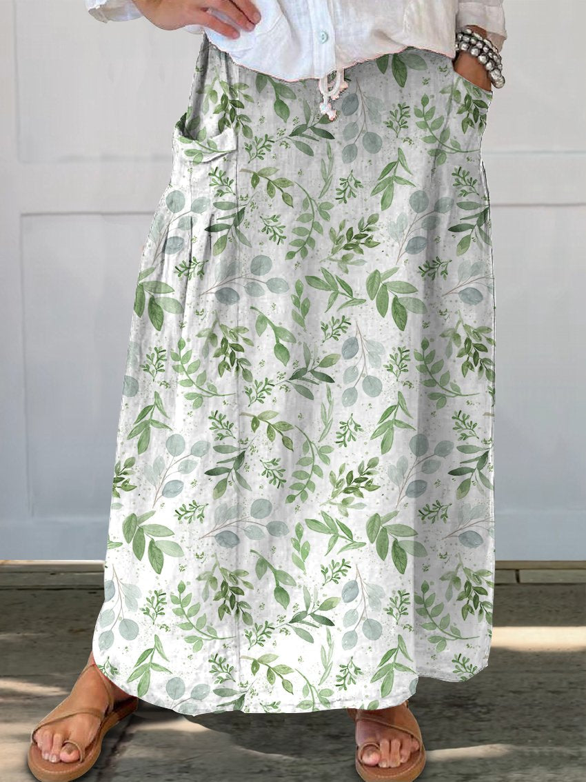 Women's Greens Fern Eucalyptus Greenery Leaf Linen Pocket Skirt