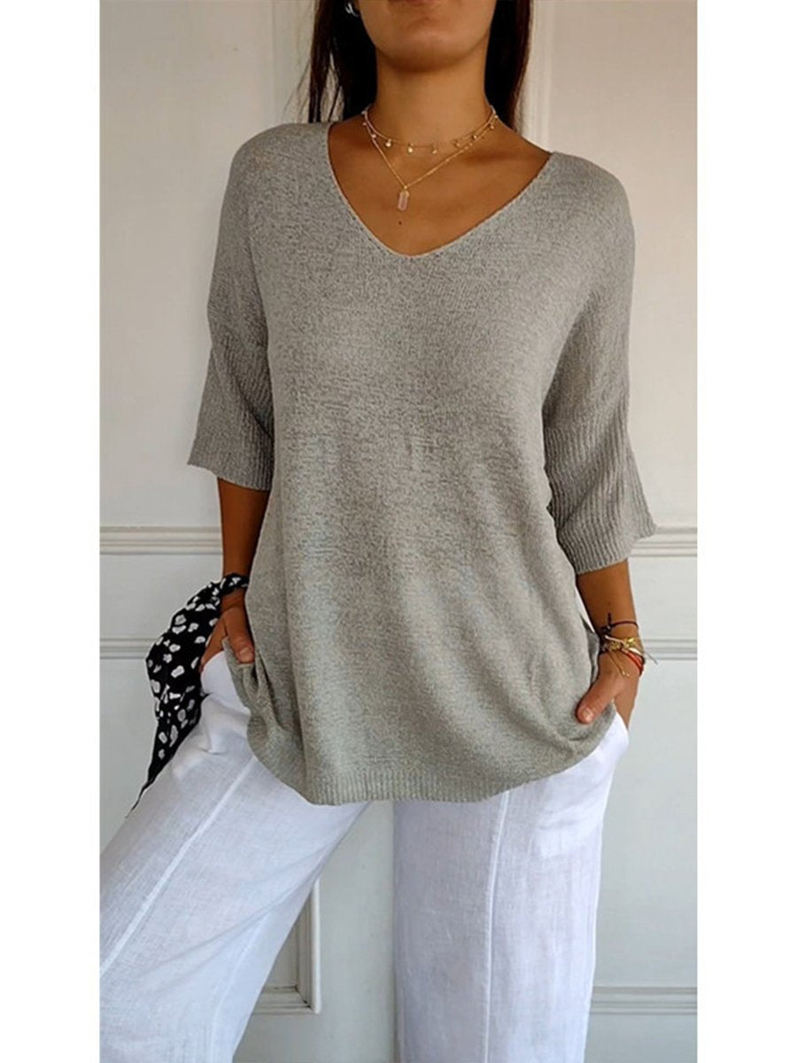 Women's Solid Color Knitted 3/4 Sleeve V-neck Top