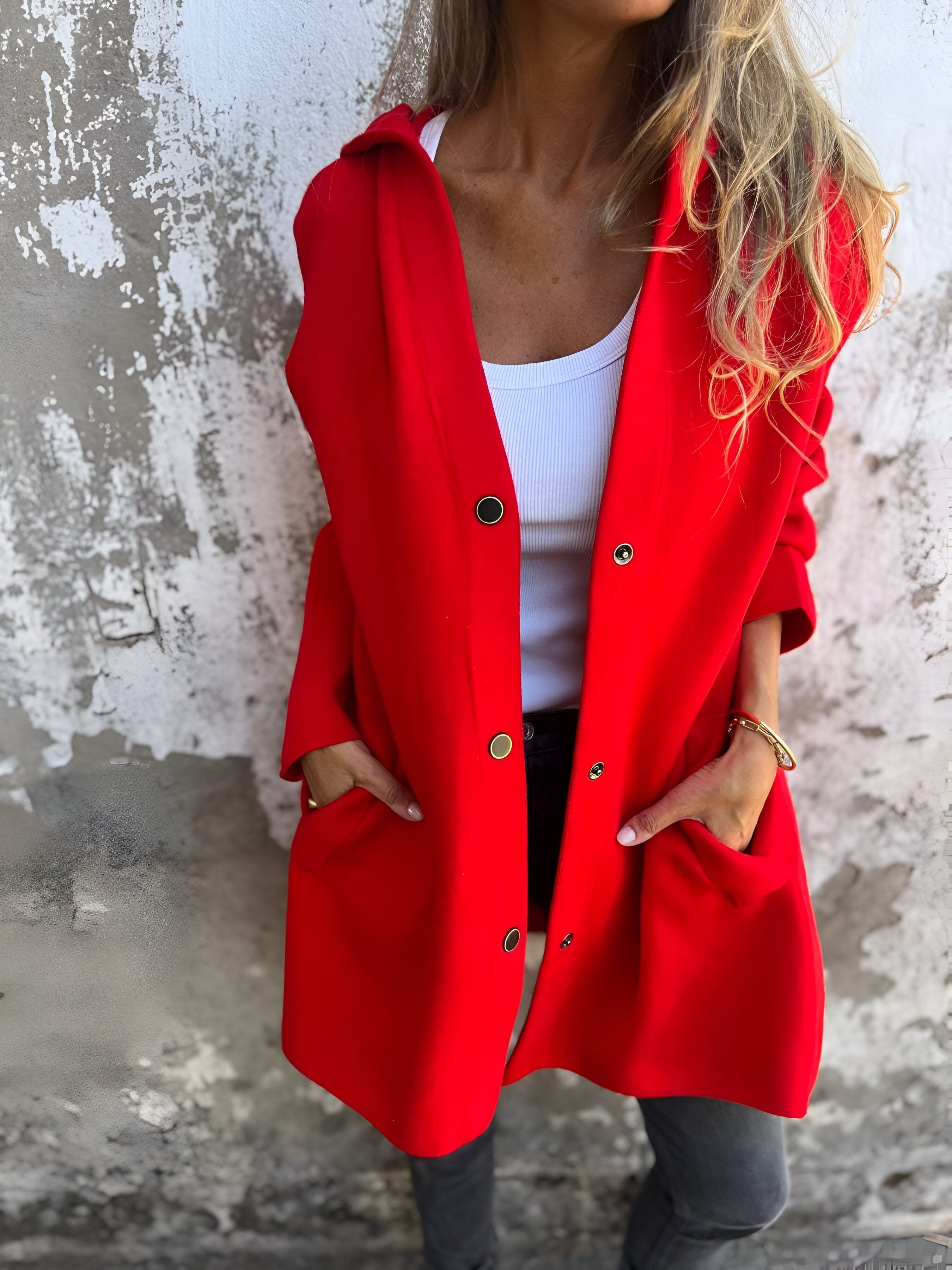 Women's Overcoat - Mid-Length Relaxed Fit - Button Closure - Side Pockets Stylish Layer