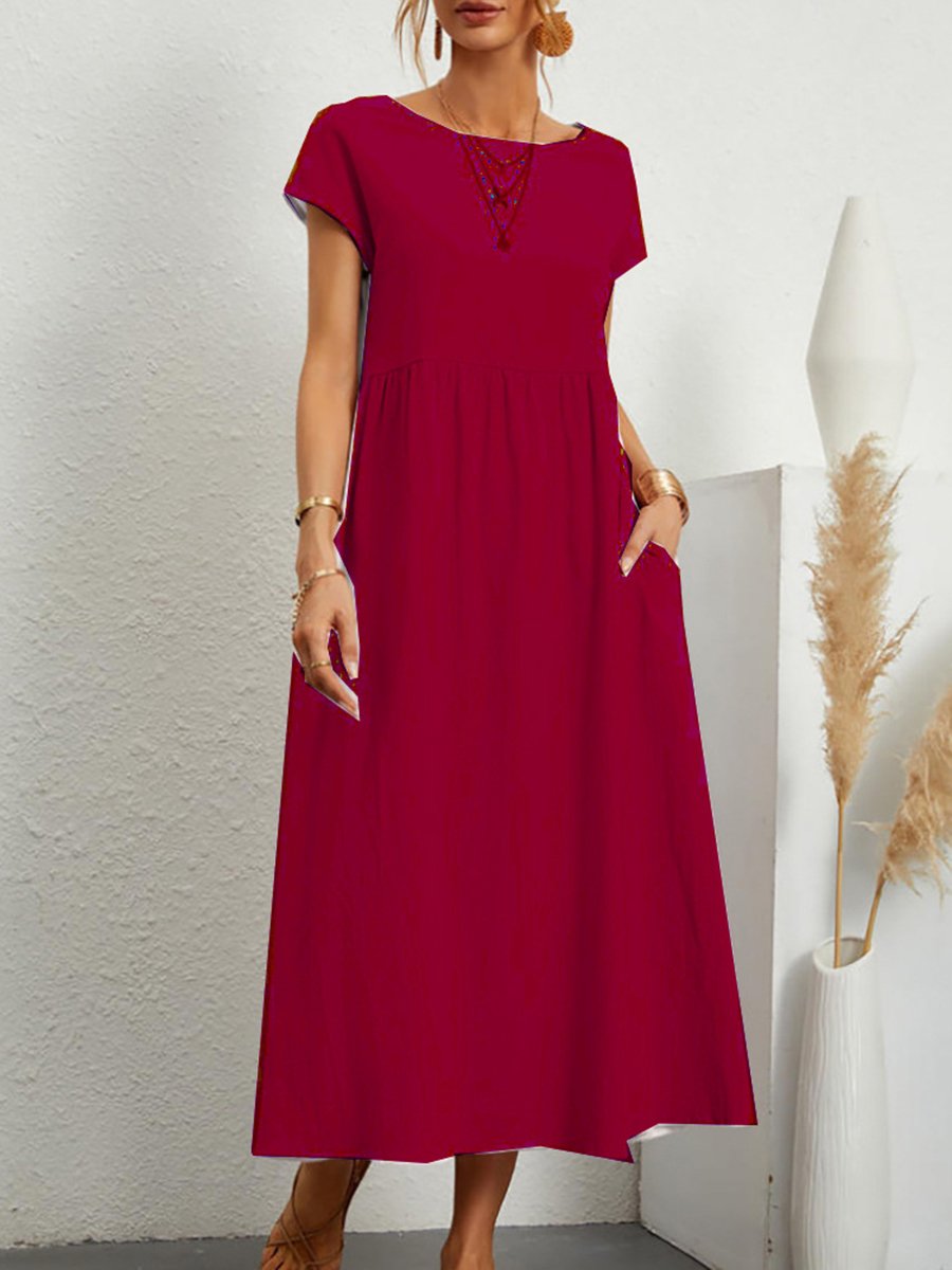 Women's Solid Color Cotton Linen Round Neck A-Line Dress