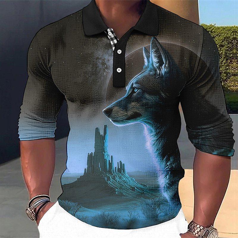 Men's Fashion Wolf 3d Printed Long Sleeve Polo Shirt 65969642YY